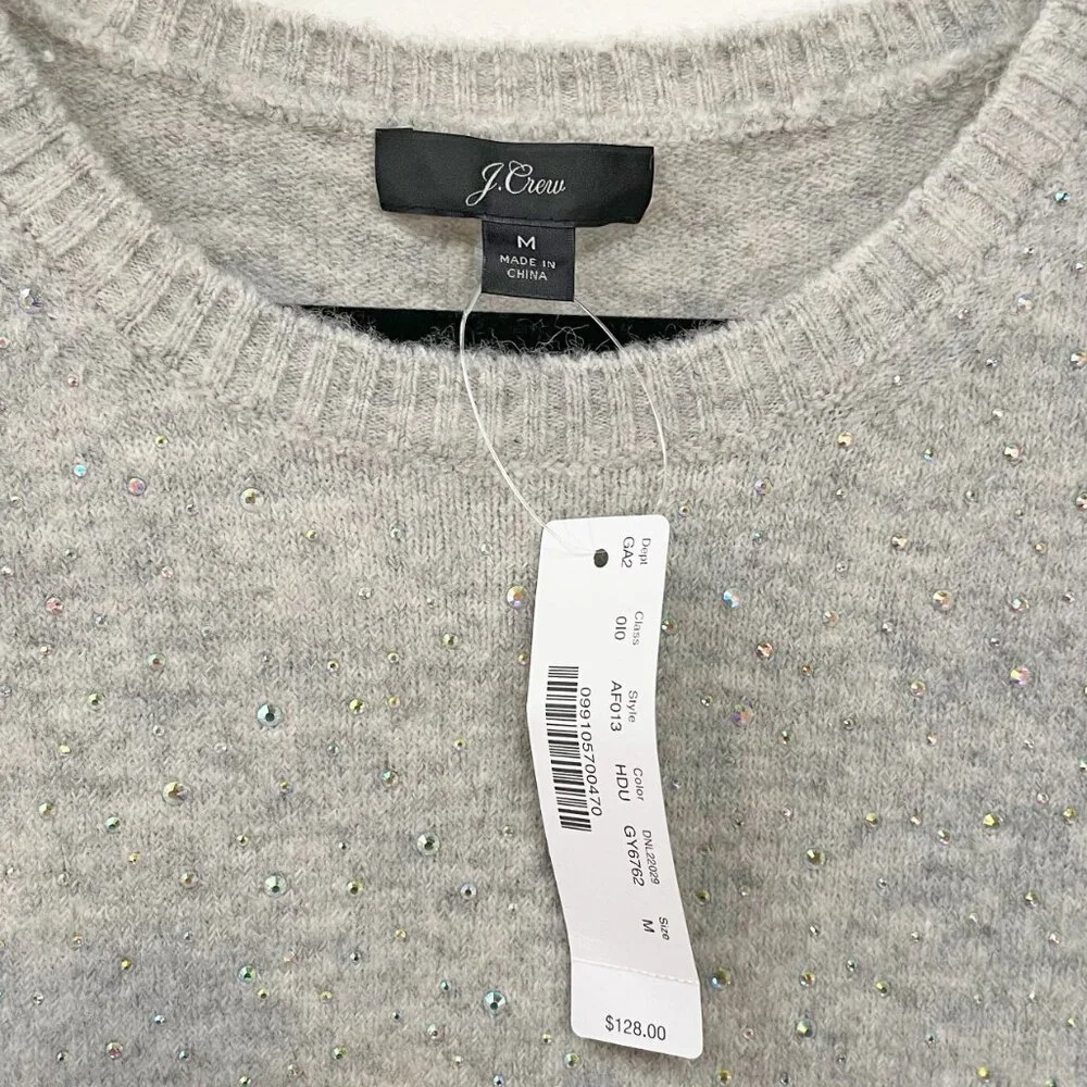 New J.Crew Wool Blend Rhinestone Sweater Grey Medium $128